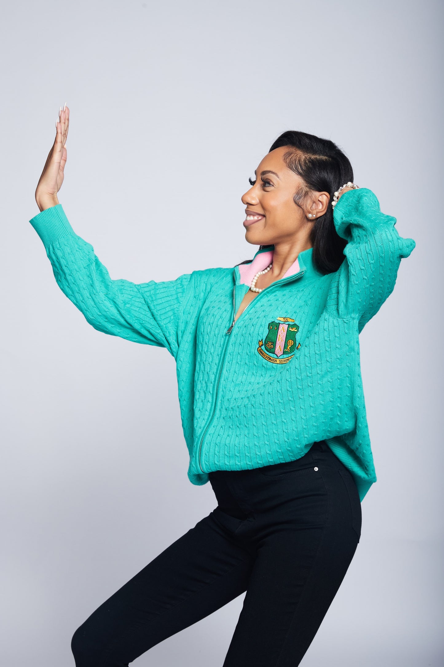 CARDIGAN GREEN SWEATER PINK COLLAR WITH FRONT ZIPPER